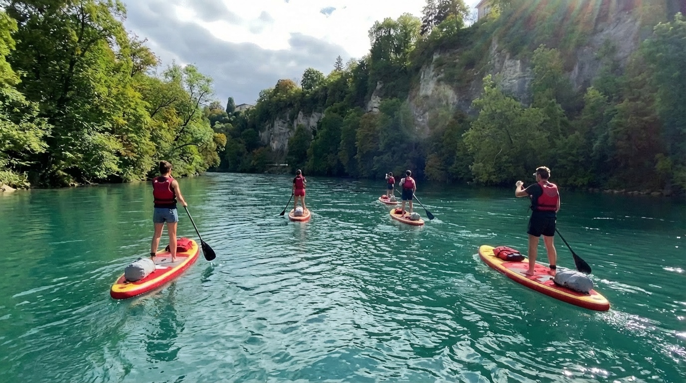 Group of paddlers on the turquoise Rhône with rocky cliffs