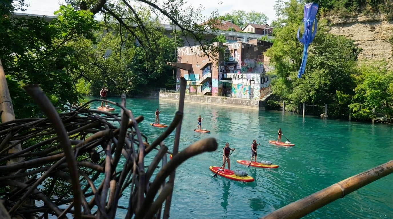 Paddlers on the urban stretch of the Rhône in Geneva