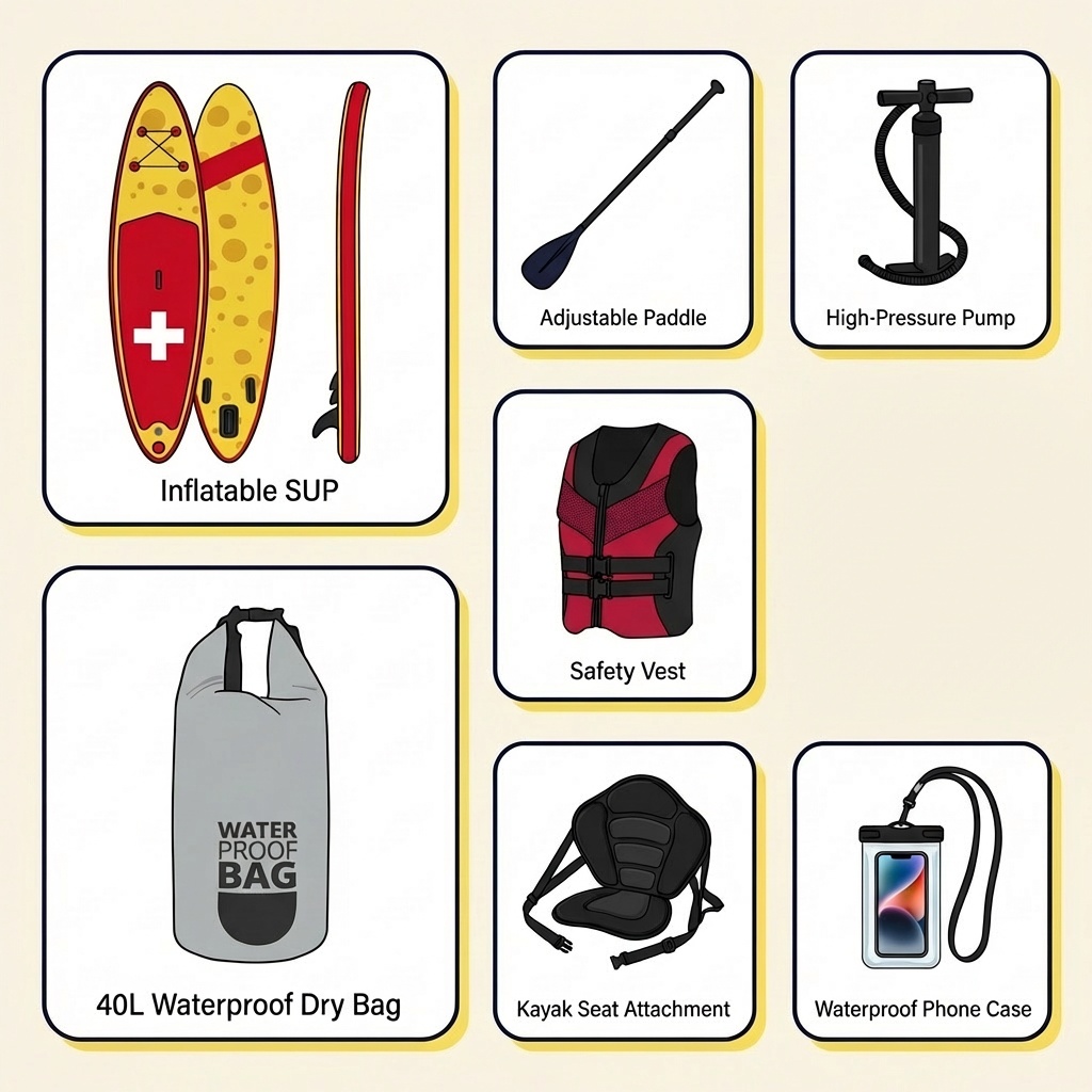 Full equipment kit: Inflatable SUP, adjustable paddle, safety vest, 40L waterproof bag, kayak seat, waterproof phone case