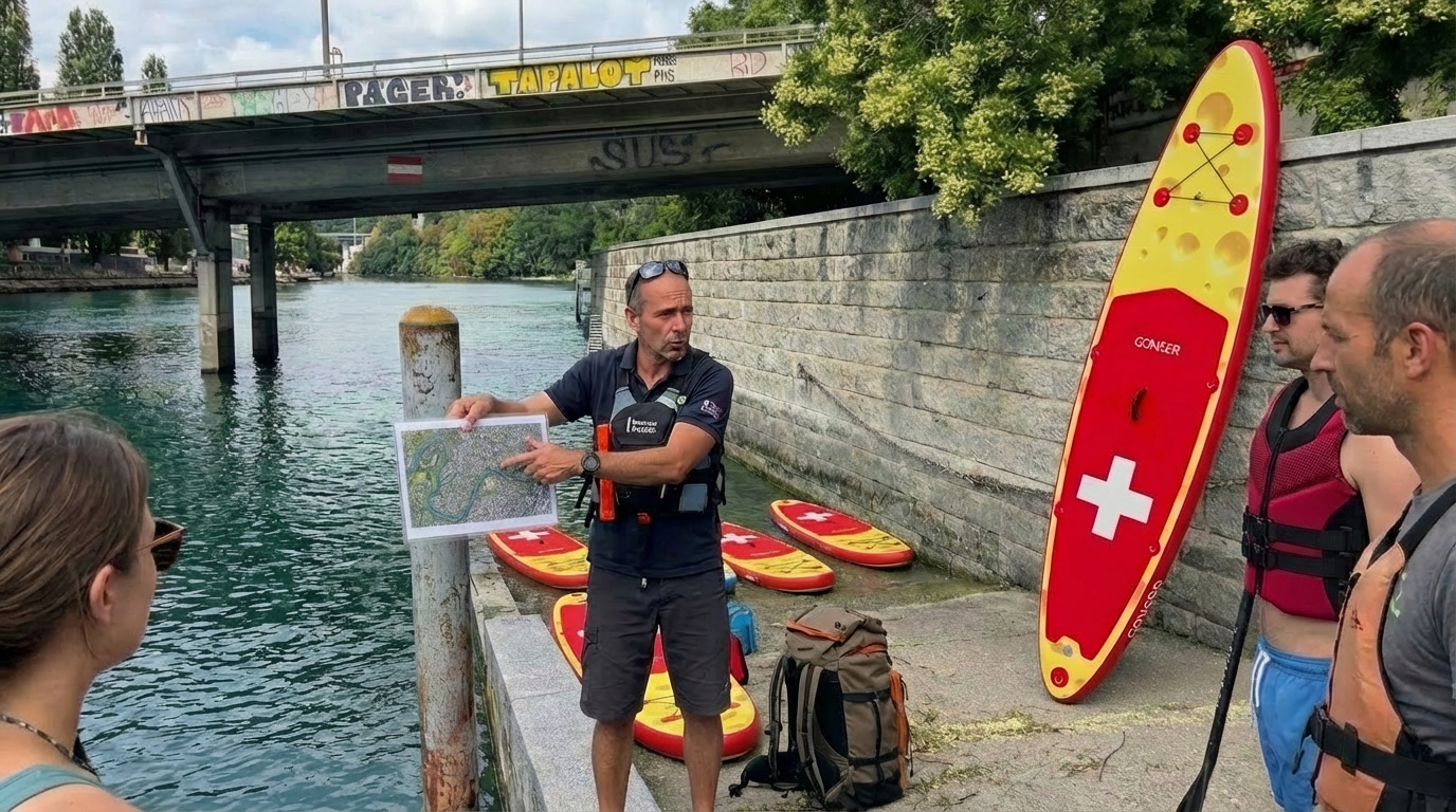 Guide briefing customers at the Rhône departure point with Swiss cheese-design paddle boards.